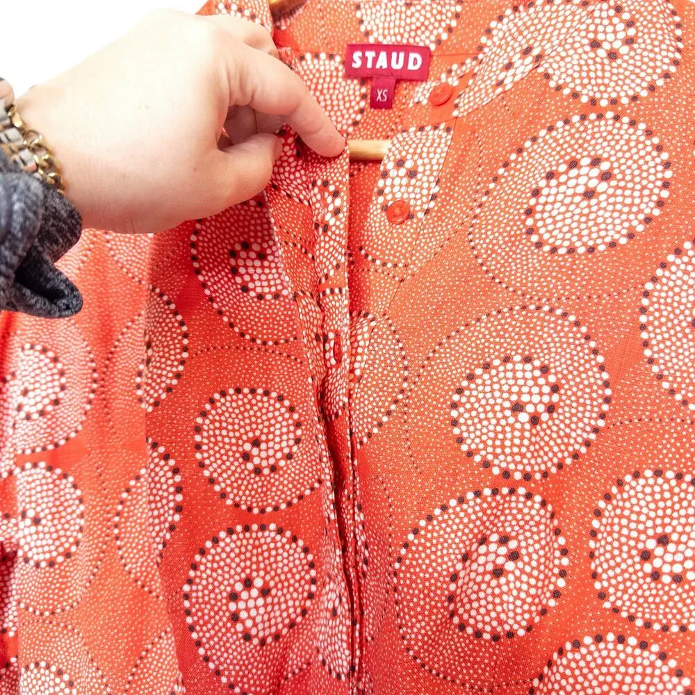 Staud Karlee Linen Long Sleeve Printed Bell Sleeve Mini Dress Coral Orange XS - Image 6