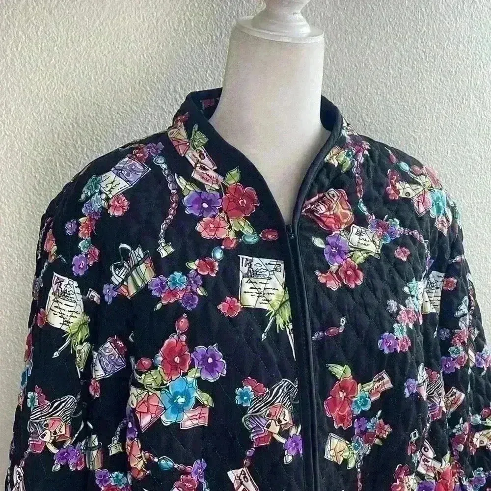 Vintage‎ Quilted Black Jacket Coat Women’s 2X Multicolor Pockets - Image 4