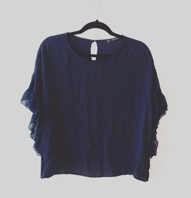 Navy Ruffle Sleeve Button Back Top - Image 3