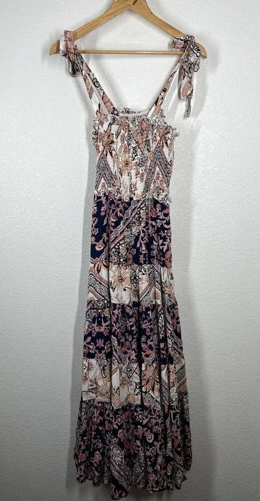 Abel The Label Maxi Dress Small Smocked Tie Straps Tiered Floral Boho Anthro - Image 5