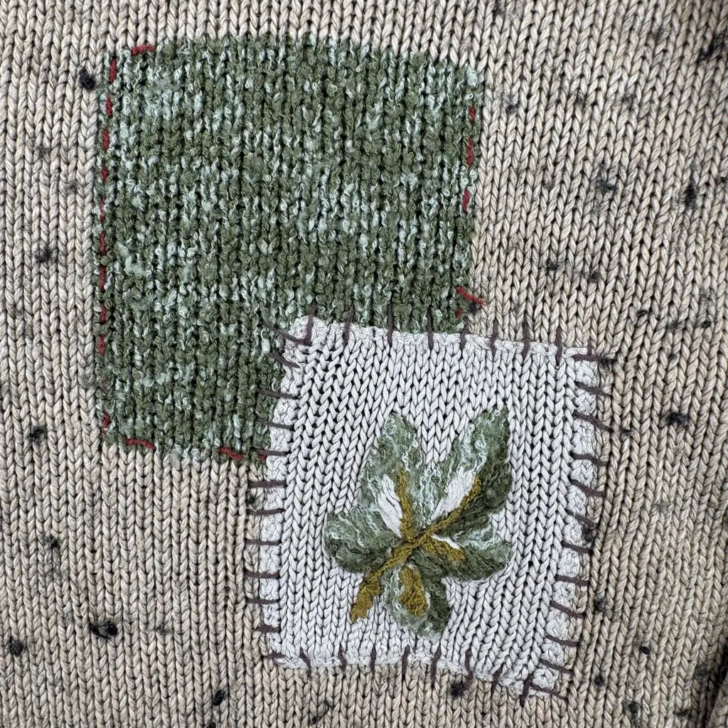 Vintage Y2K Patchwork Sweater Embroidered Fall Leaves Pocket Rolled Edge J Jill Tan Size M - Image 5