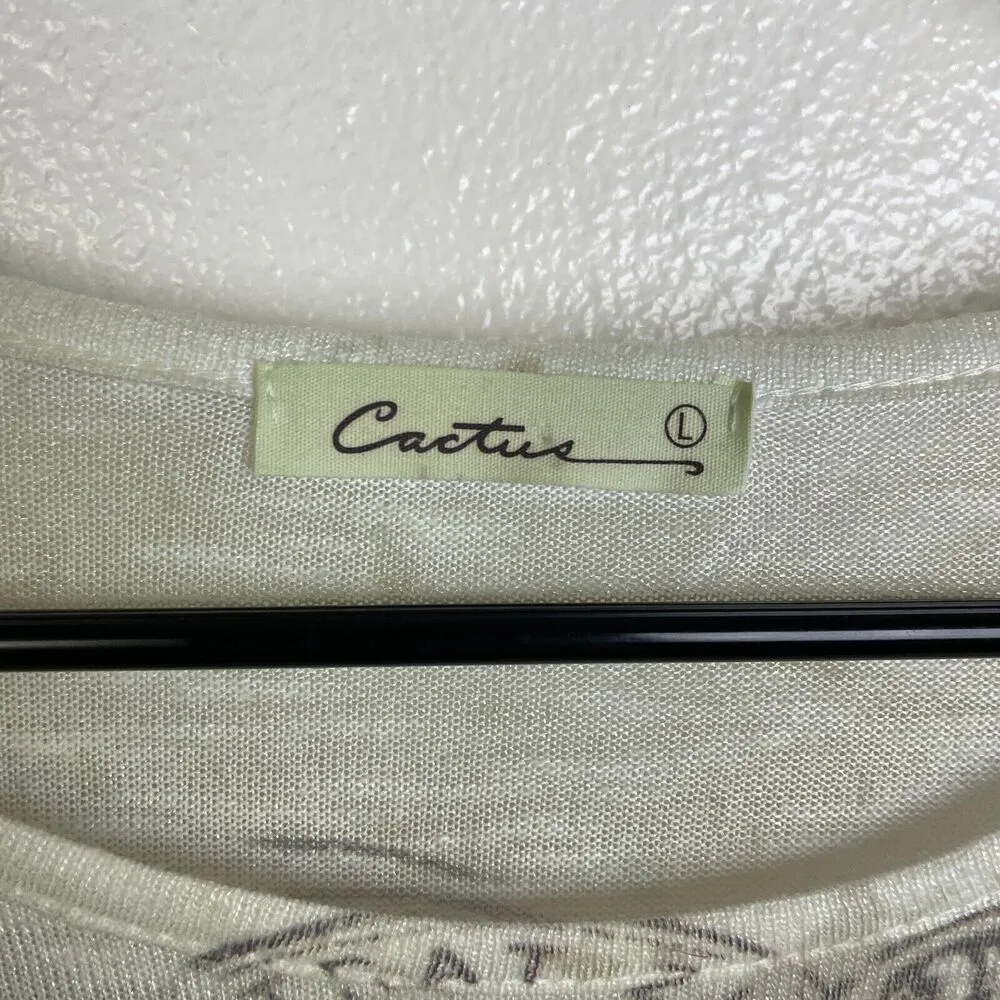 Cactus Shirt Womens Large Top White Multi Europe Paris Mail Stamp Rhinestone - Image 9