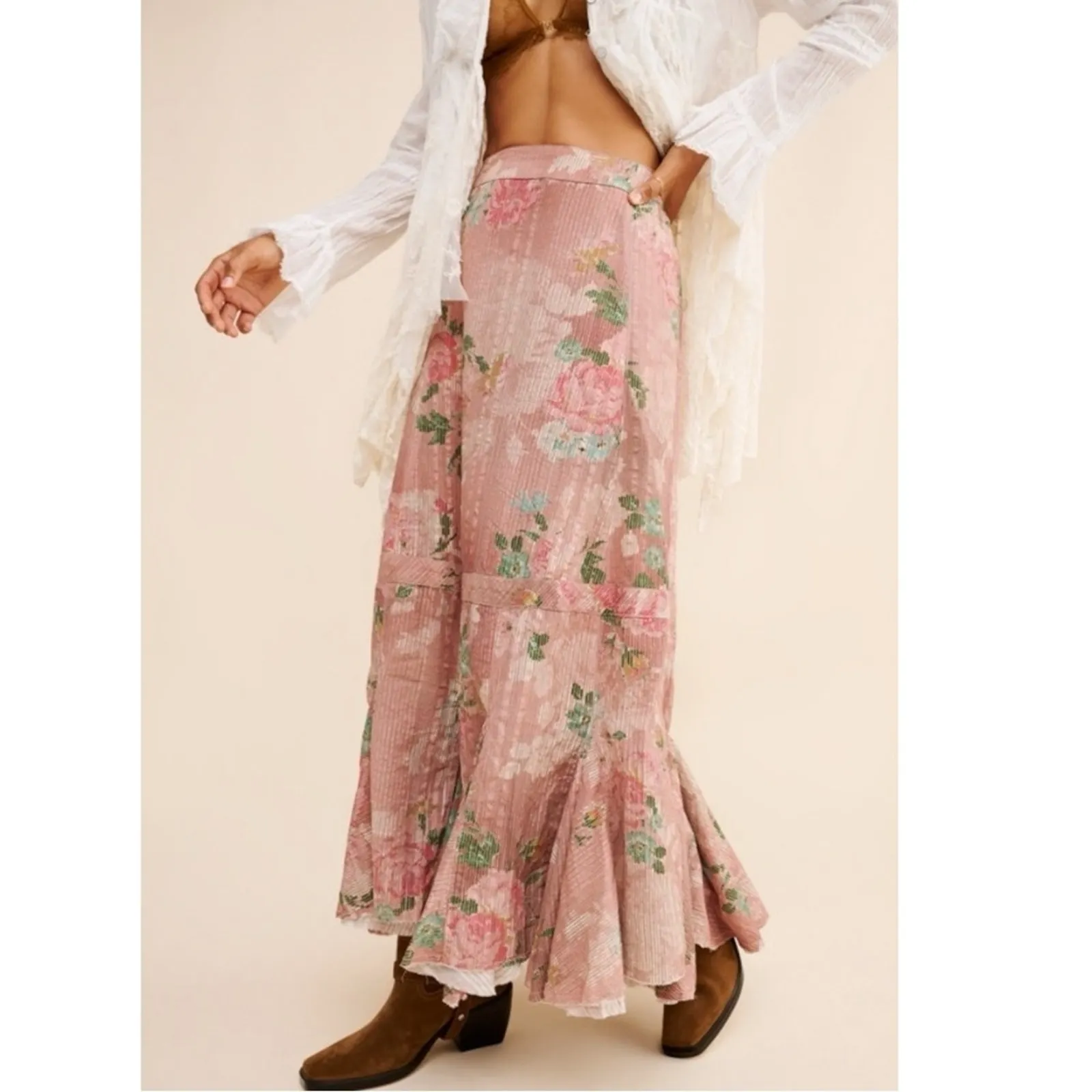 Free People Ethereal Dainty Cottage Bordeaux Floral Maxi Skirt Size Medium - Image 7