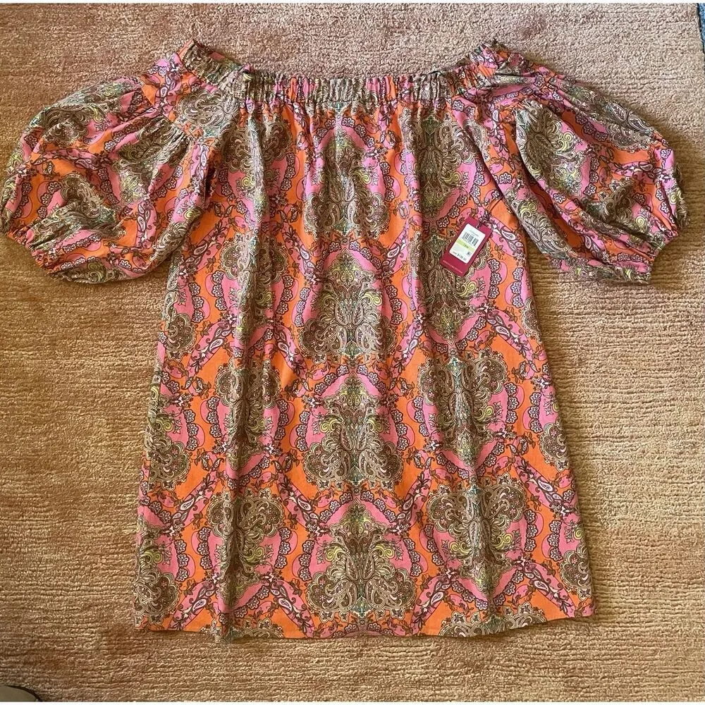 Vince Camuto Off Shoulder Puff Sleeve Paisley Linen Dress Orange Pink 18W - Image 2