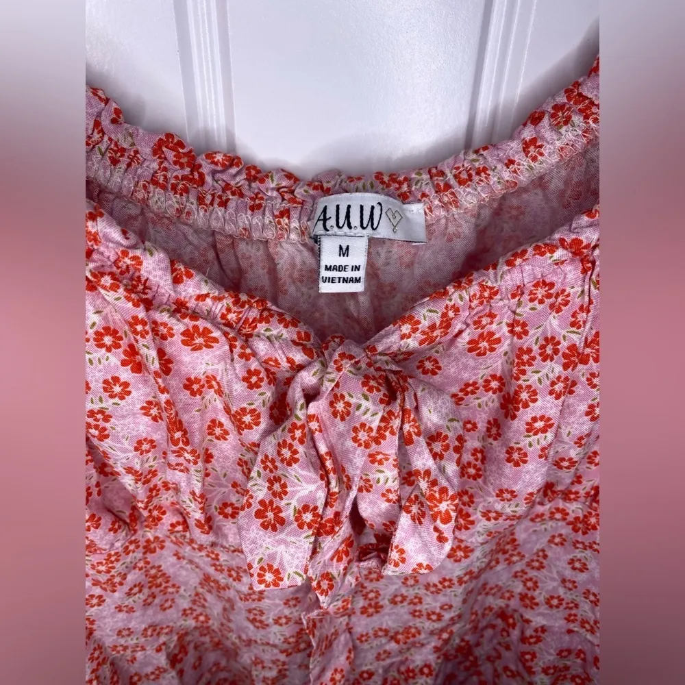 A.U.W. Pink and Red Floral Short Sleeve Ruffled Romper - Image 5