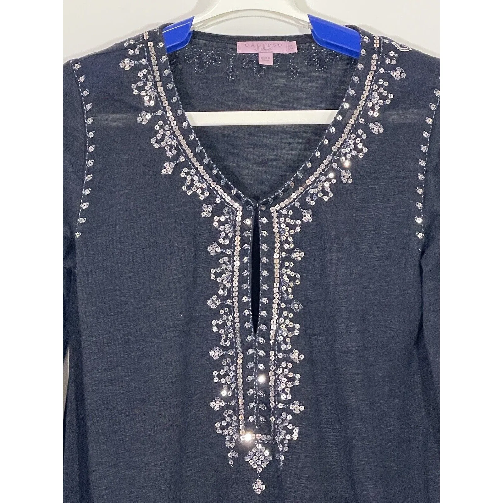 Calypso St. Barth Berega Sequin-Embroidered Tunic Gray Size XS - Image 4
