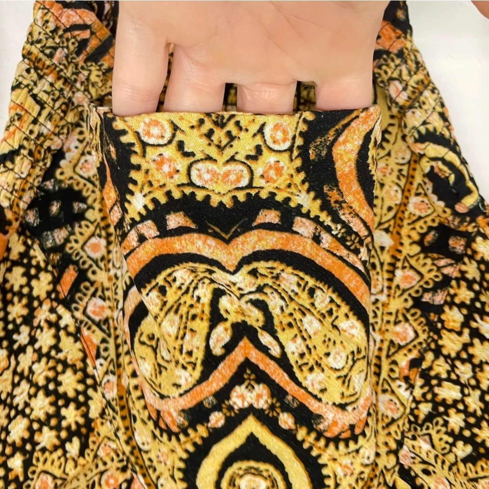 Free People Yellow & Black Printed Boho Long Sleeve Blouse Womens XS Cropped - Image 6
