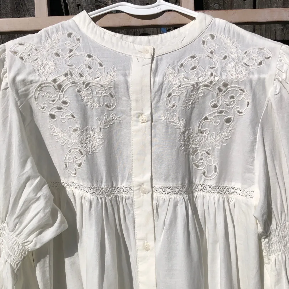 Zara White Embroidered Long Sleeved Loose Blouse S - Image 4