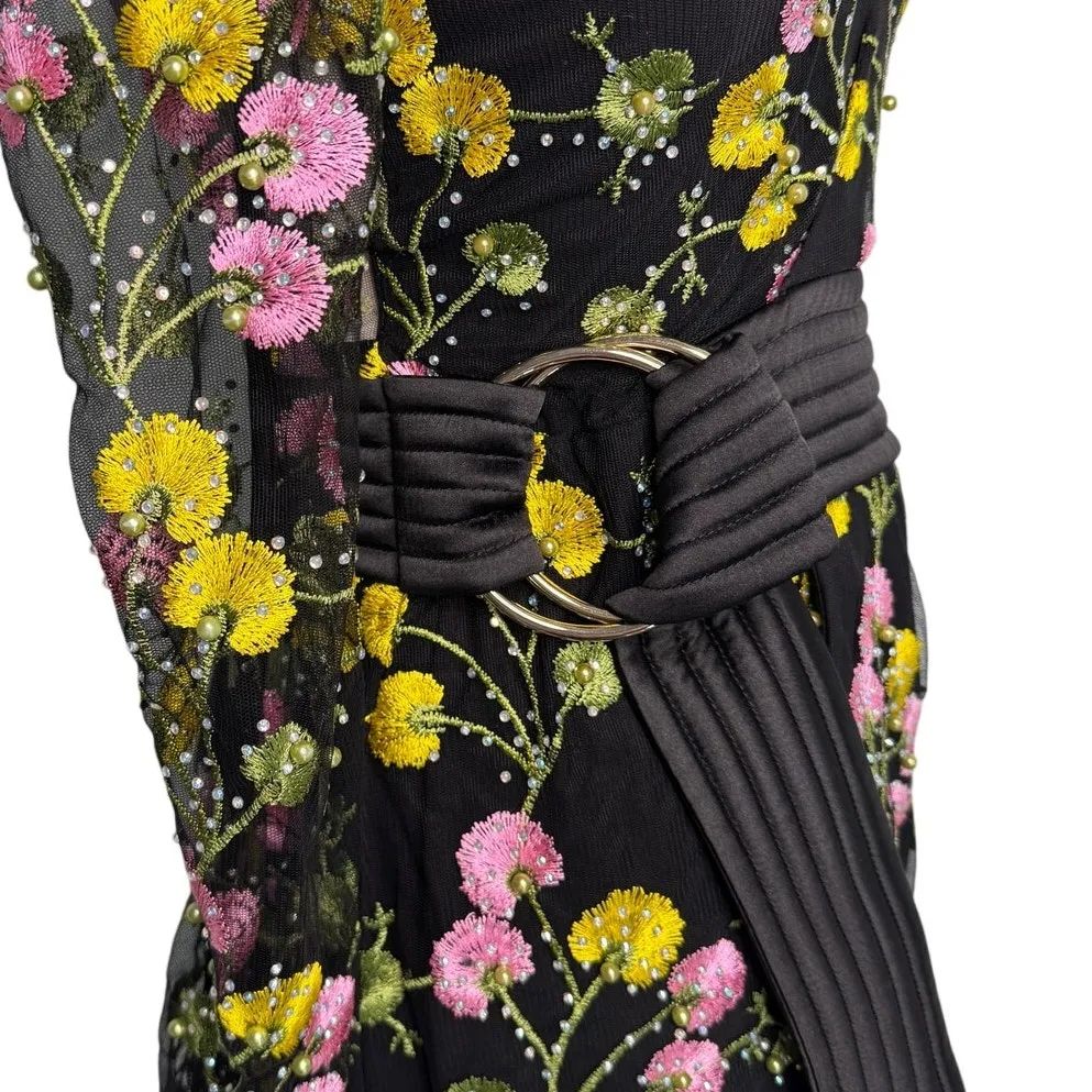 Zhivago In The Garden Floral Mesh Wrap Mini Dress black pink yellow size US 2 - Image 7