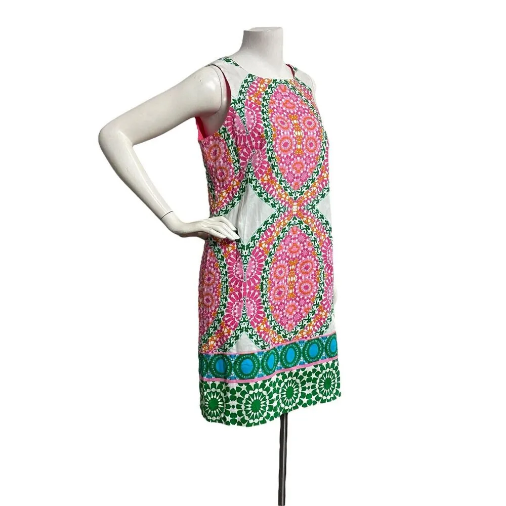 London Times Green Pink Yellow Floral Tile Sleeveless Shift Dress Women's Size 8 - Image 3