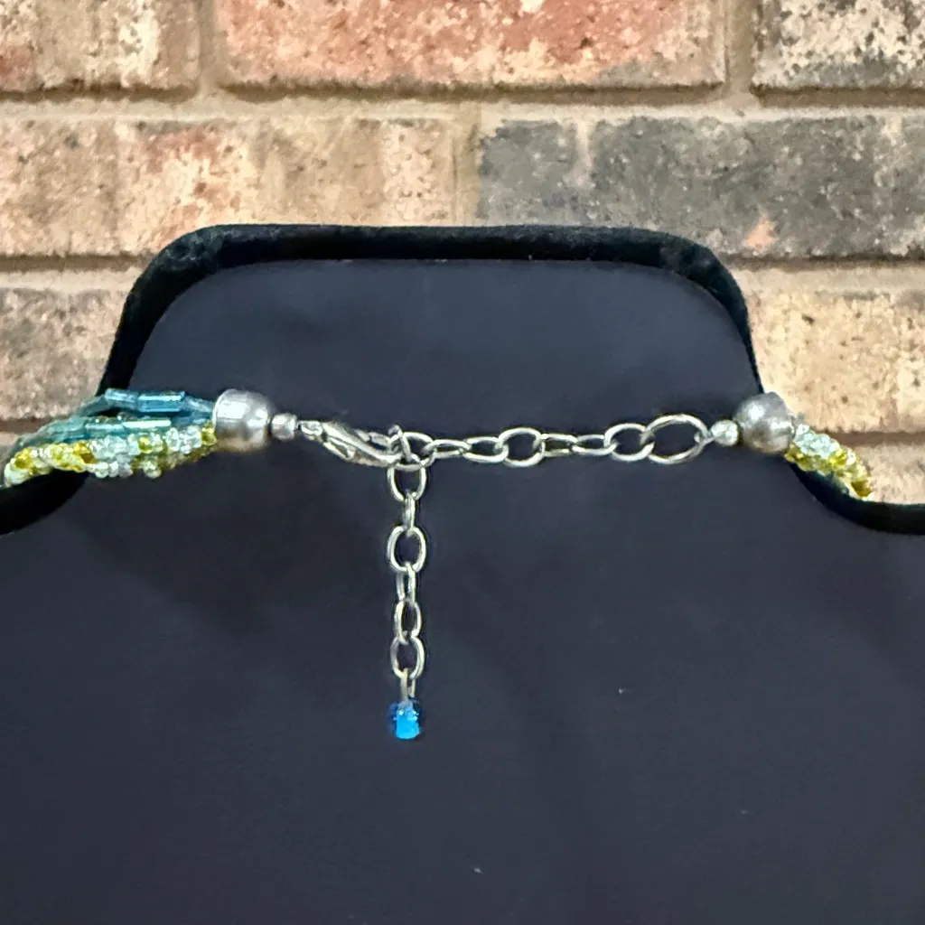 Vintage Blue, Amber, and Yellow seed bead 6 strand medallion southwest necklace Blue - Image 5