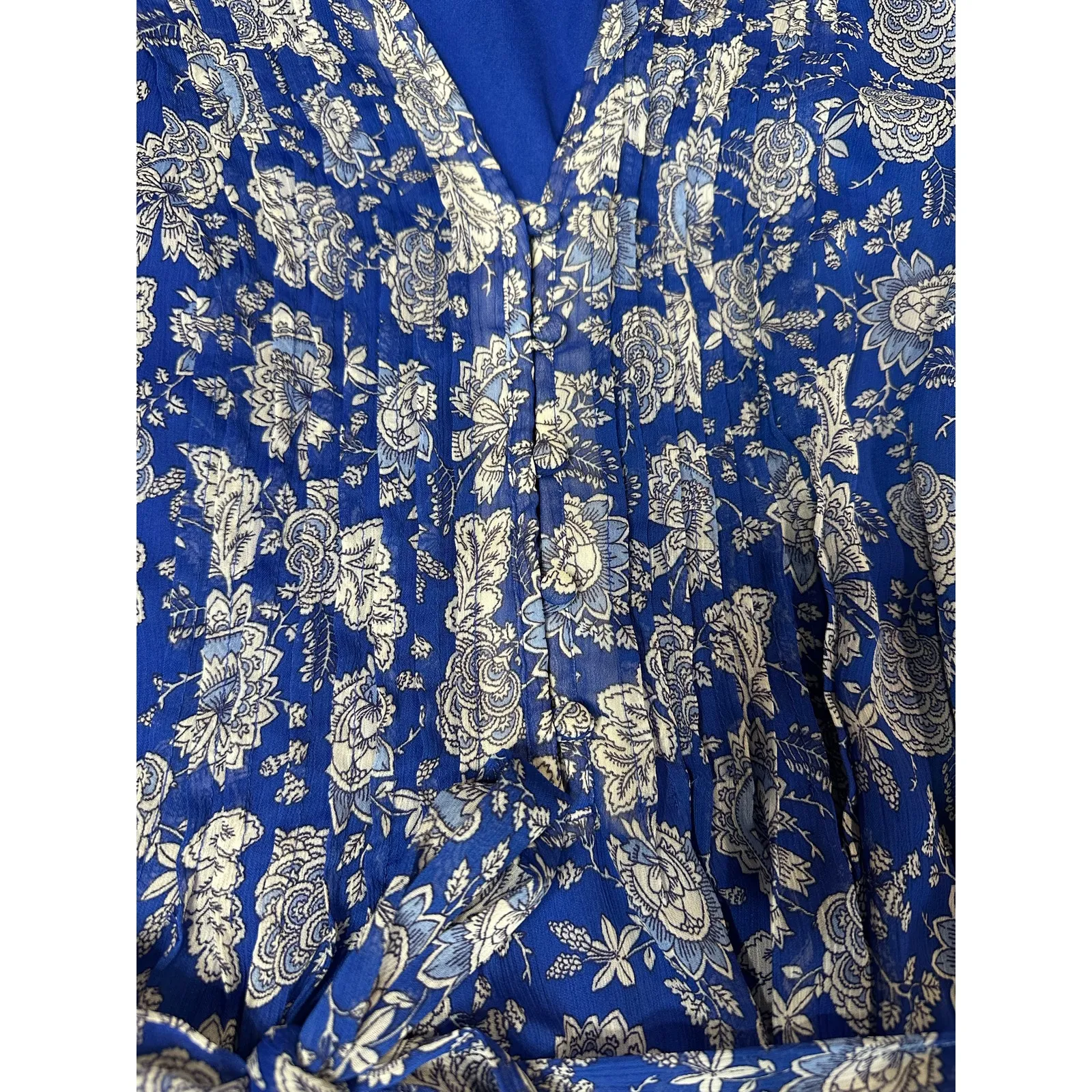 Cottage Core MSK Dress Women's 18 Floral Ruffled Faux Wrap Tie Waist Sheer Lined Blue - Image 10