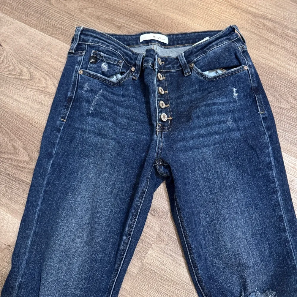 KanCan Harlow Mid Rise Button Fly Flare Jeans Distressed Dark Wash 13 30 Blue Size undefined - Image 4