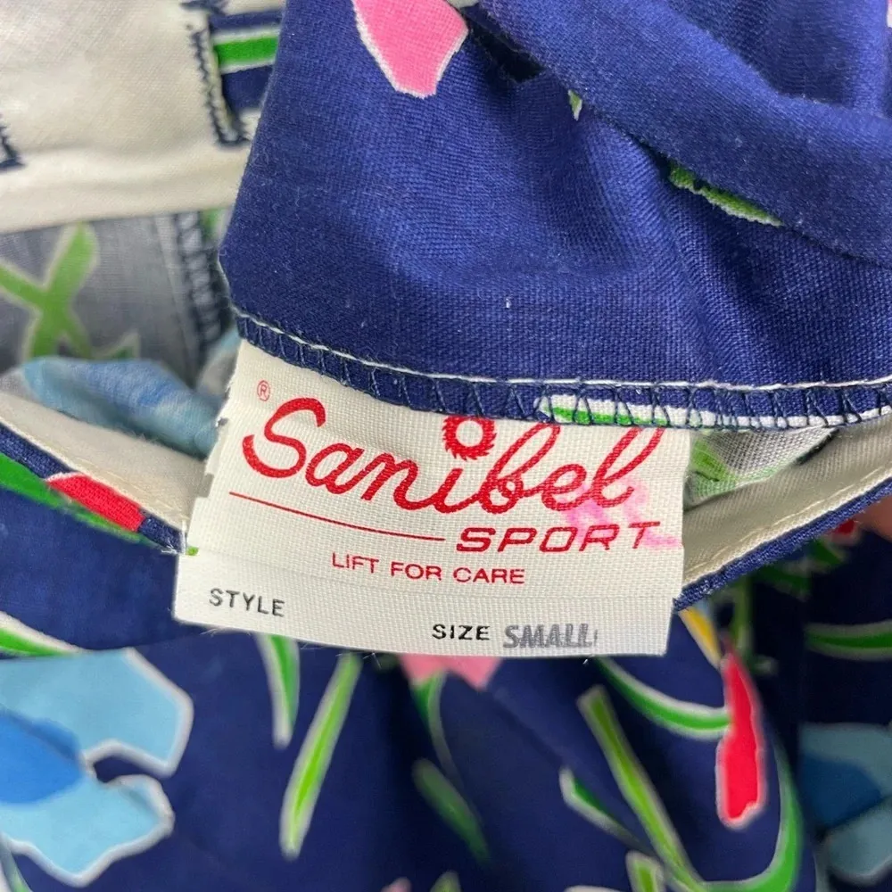 Vintage‎ Sanibel Sport Blue Tulip Floral Button Up Pleated A - Image 5