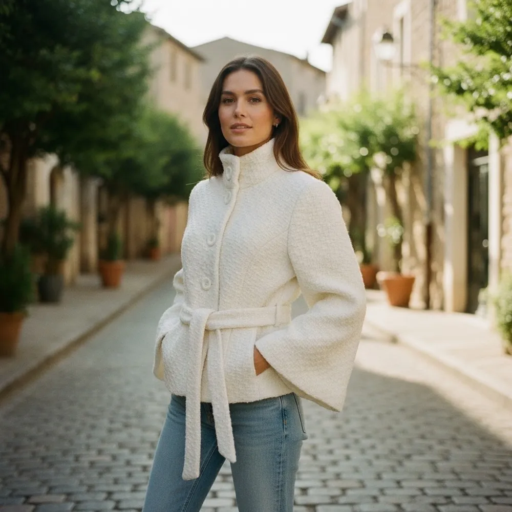 Anthropologie alike Ivory Wool Blend Swing Jacket Textured, Belted, Button Front White Size 12 - Image 6