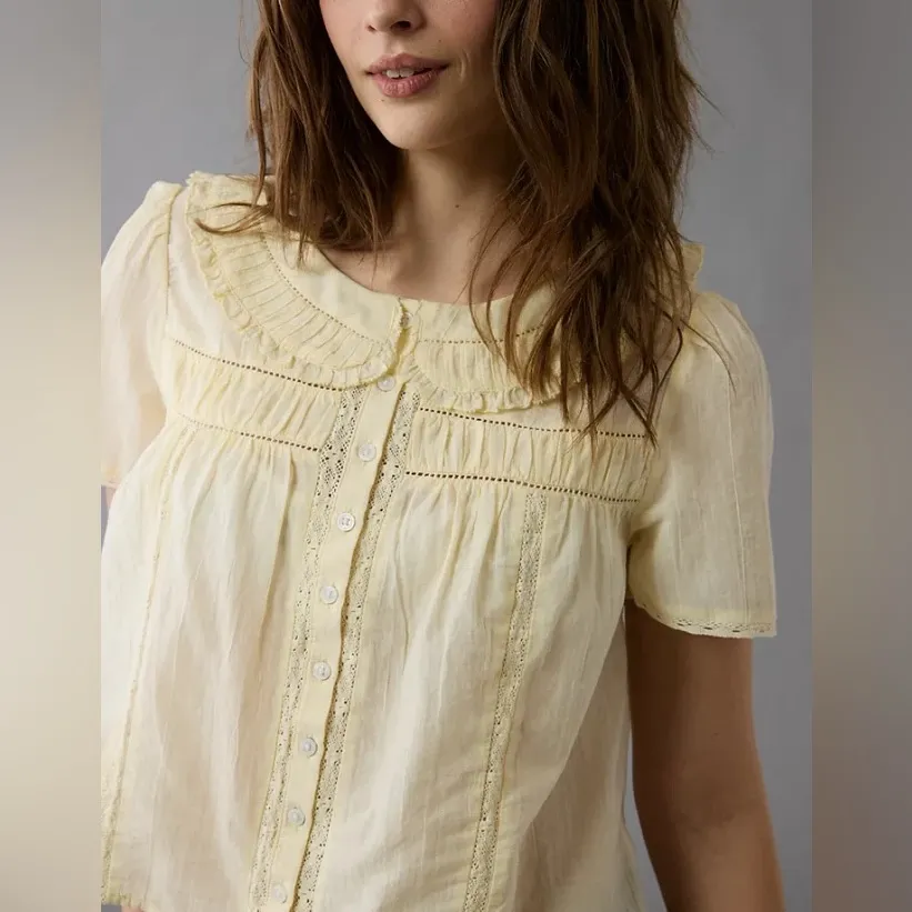 American Eagle Collared Pintuck Blouse | Yellow | Size L Size L - Image 3