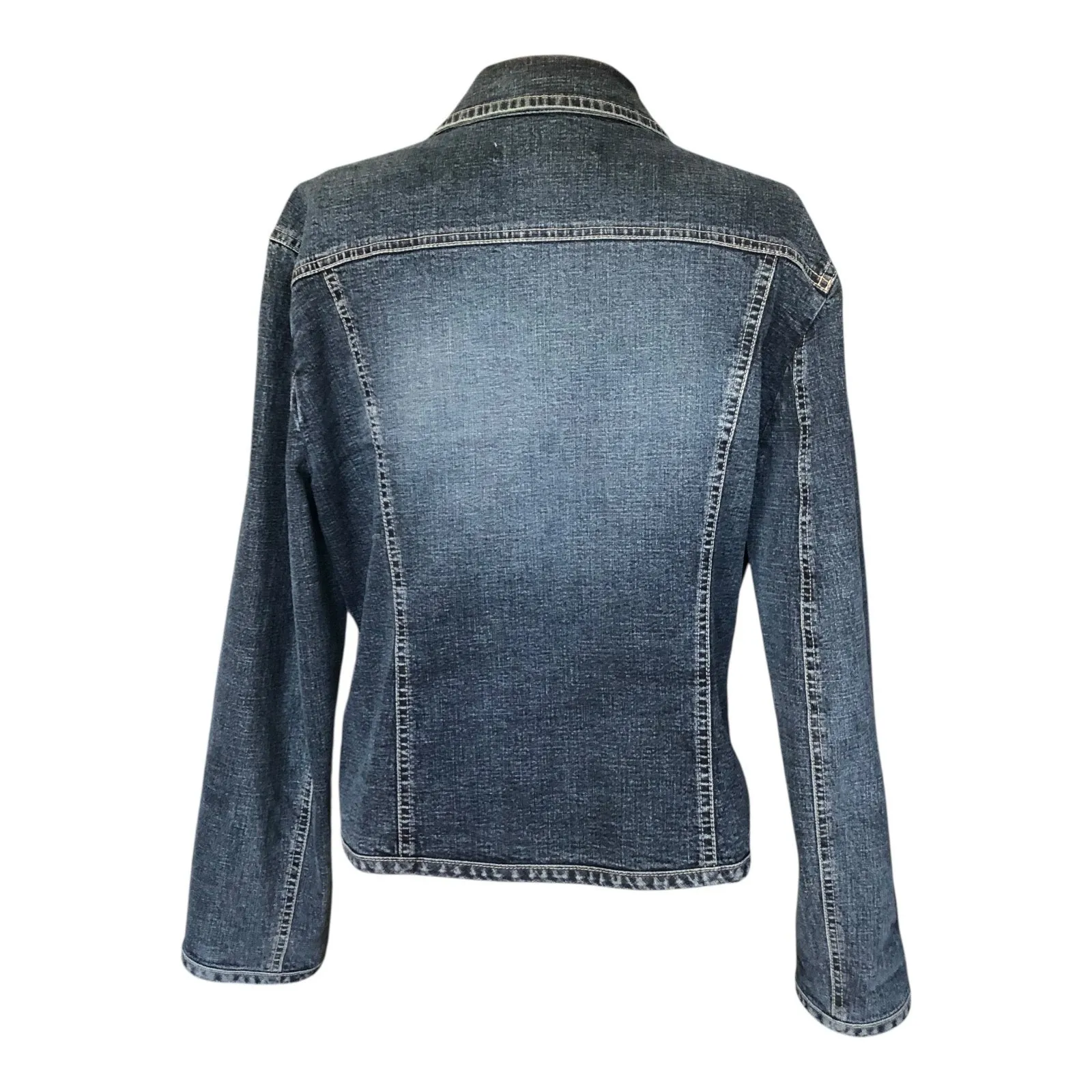 Live a Little Blue Denim Jacket Flower Button Stretch Women's Size Large - Image 4