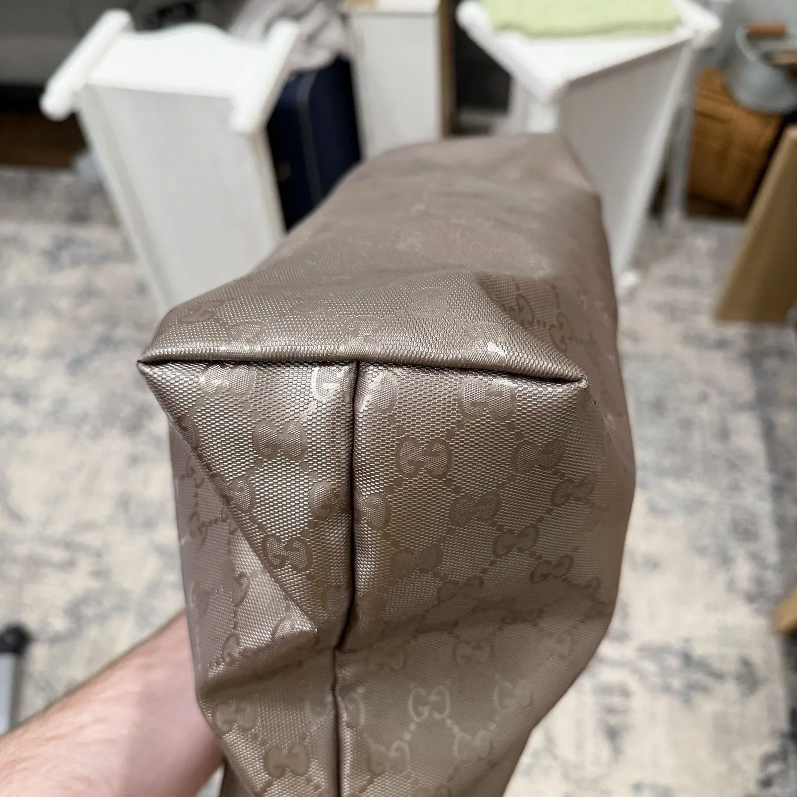 Authentic GUCCI GG Imprime Handbag Tote & Dustbag-Metallic Bronze-Excellent Cond - Image 6