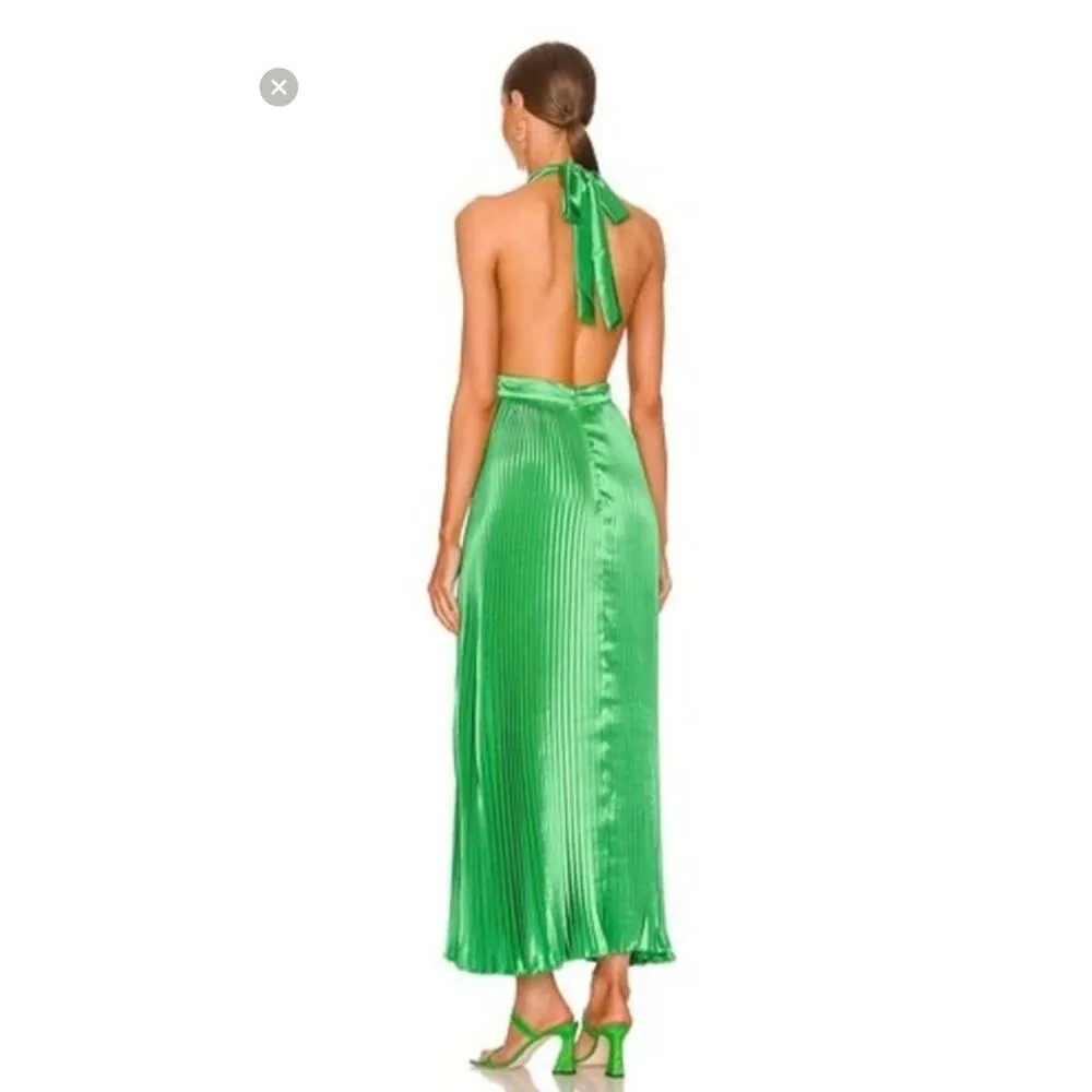 L’IDEE Bright Green Renaissance Mock Neck Pleated Satin Midi Dress Size 12 - Image 6