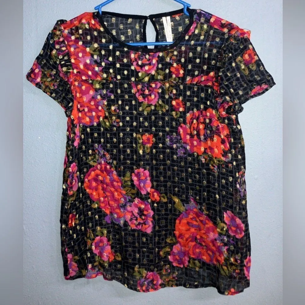 Anthropologie Fiorella Black & Pink Floral Polka dot rayon blend Office top 731 Size 0 - Image 2