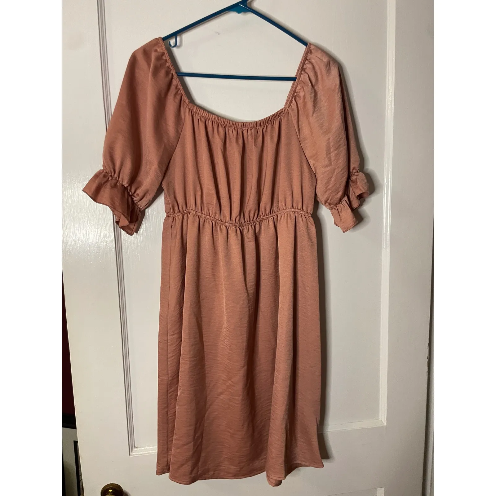 First Love Women's Pink Square Neck Puff Sleeve Smocked Empire Waist Dress - Image 3