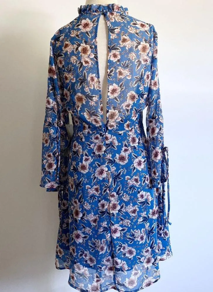Ruffle High Collar Floral Tie Flared Sleeves Shift Dress Blue - Image 2