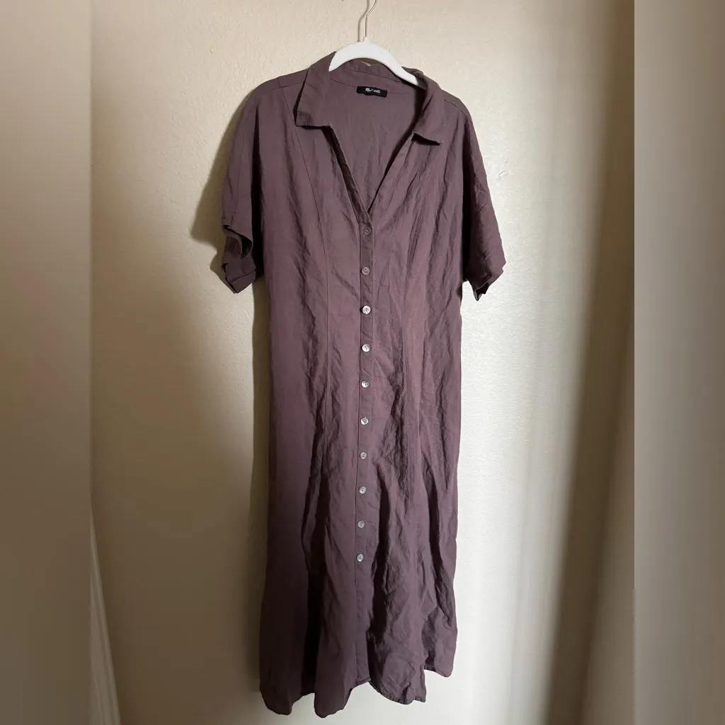 Madewell Carmine Linen shirt button down maxi Dress size 10 in brown - Image 3
