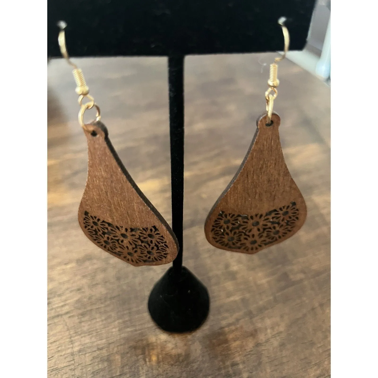 Handmade Long Wooden Dangle Earrings Gold - Image 2