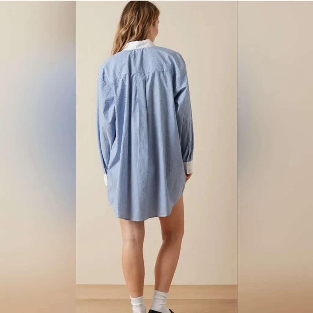 AMERICAN EAGLE AE Button Up Shirt Dress in Blue & White Pinstripe, XL - Image 3