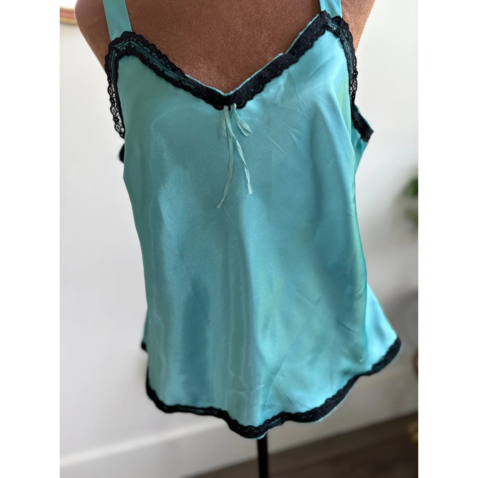 Studio‎ I Teal Cami Tank Top Black Lace Trim Sleeveless Blouse - Image 2