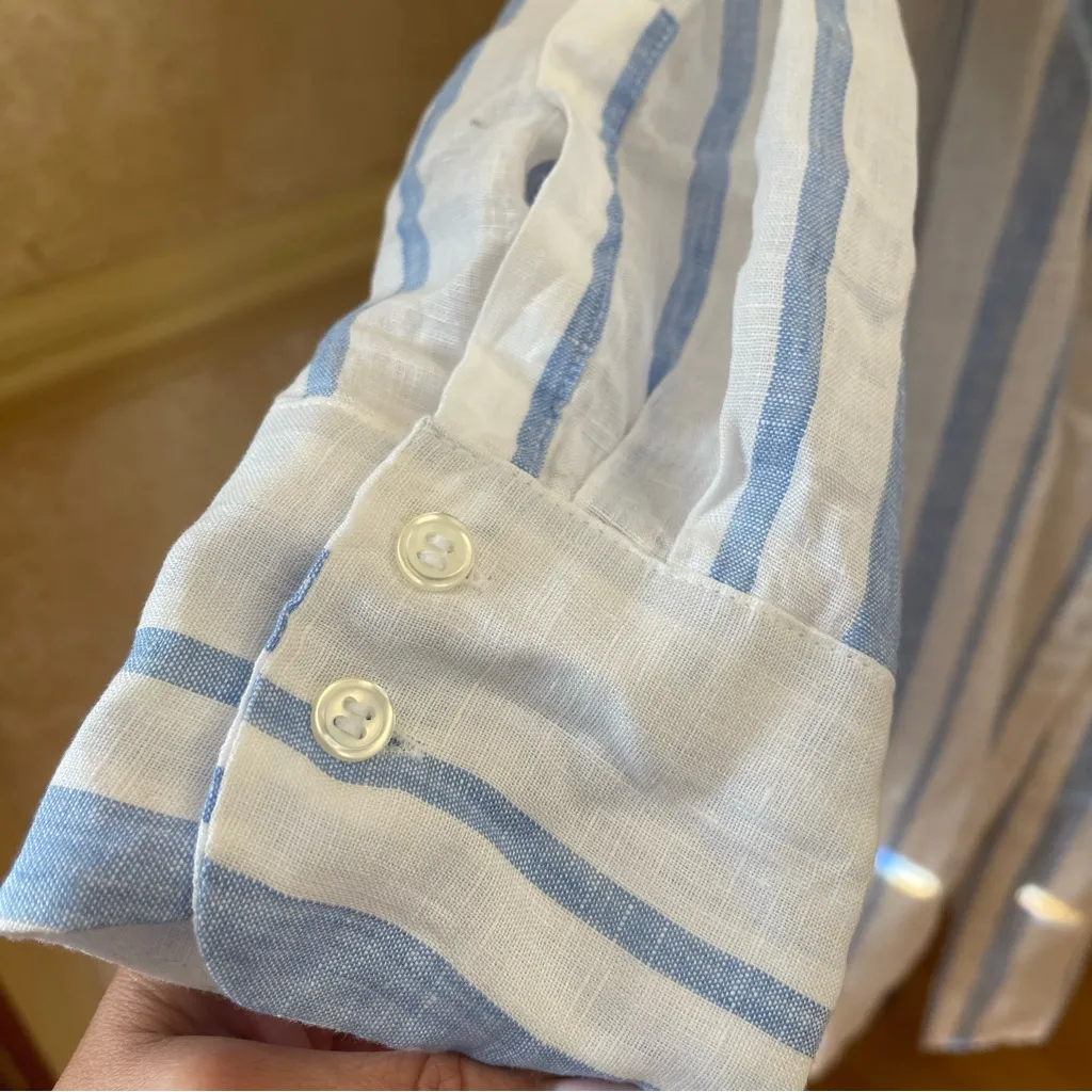 H&M LONG LINEN STRIPED SHIRT DRESS BUTTON DOWN BLUE WHITE LONG SLEEVES SZ LARGE - Image 7