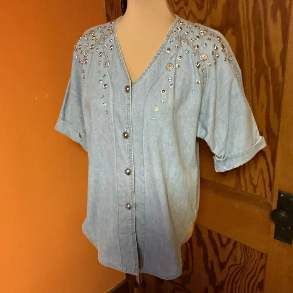Vintage 90s Studded Denim Shirt • Light Wash Button Up Blue Size 8P - Image 9