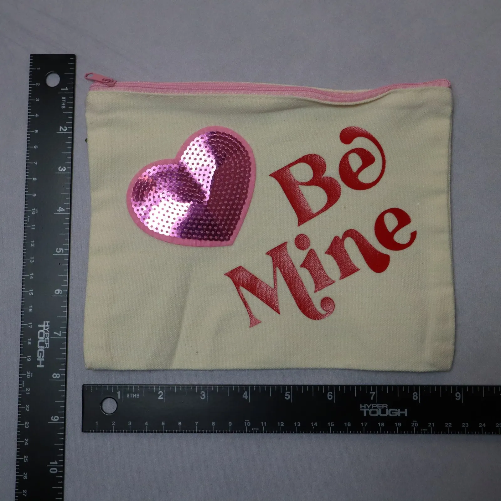 Be Mine Pink Sequin Heart Patch Pink Zipper Canvas Pouch Handmade Makeup Bag - Image 3