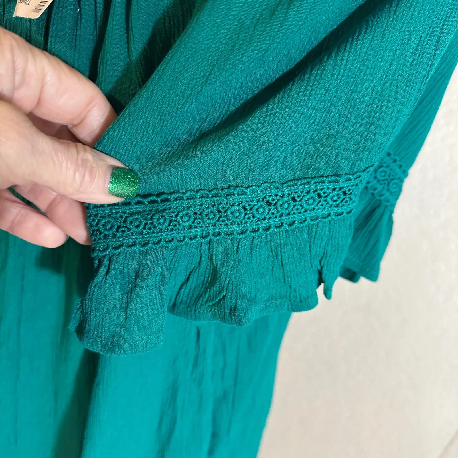 Maurices Square Neck Crochet Trim Bell Sleeve Blouse Top Blue Green Size Small - Image 8