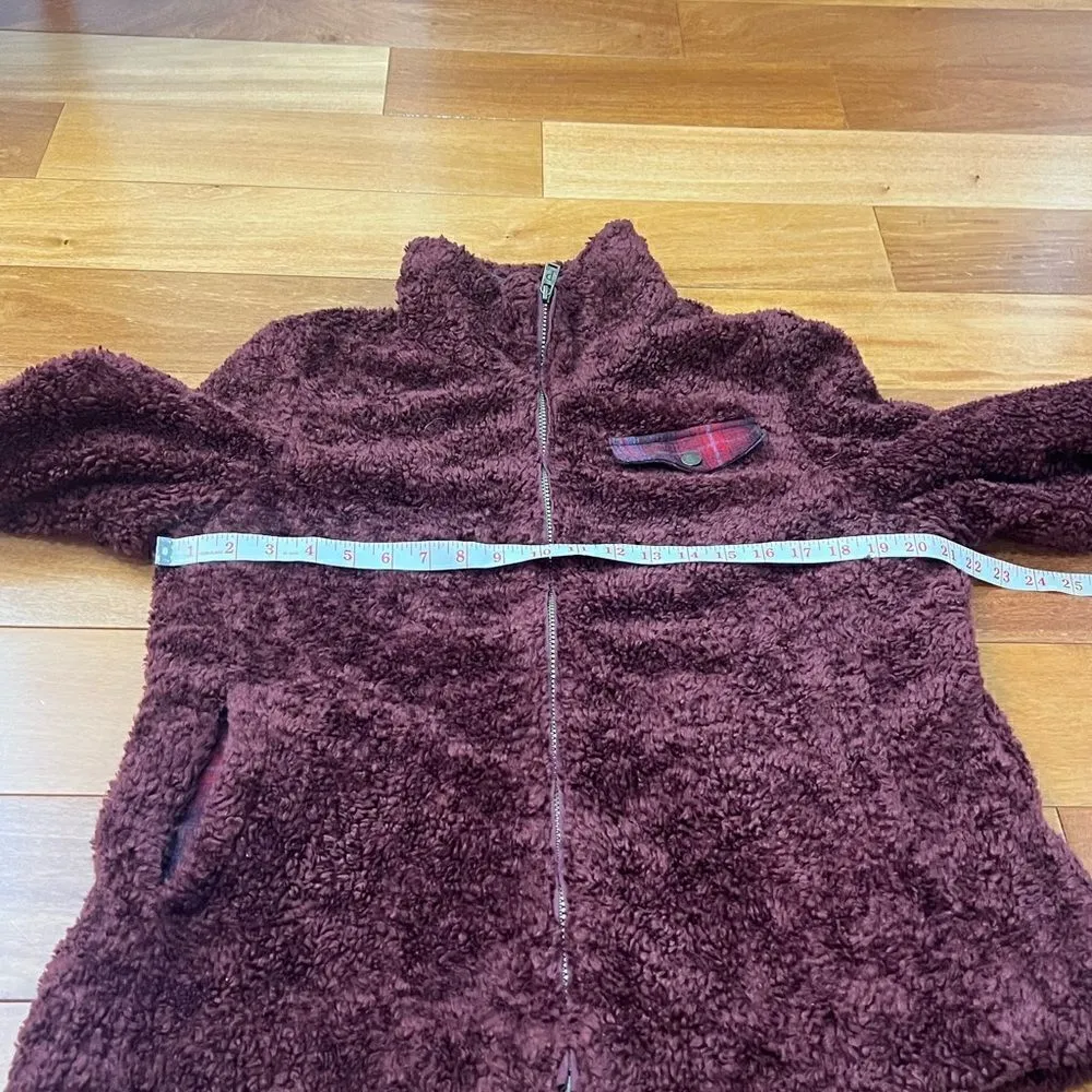 Pendleton Zip Up Burgundy Boucle teddy Fleece Jacket With Plaid Pocket Size L - Image 10