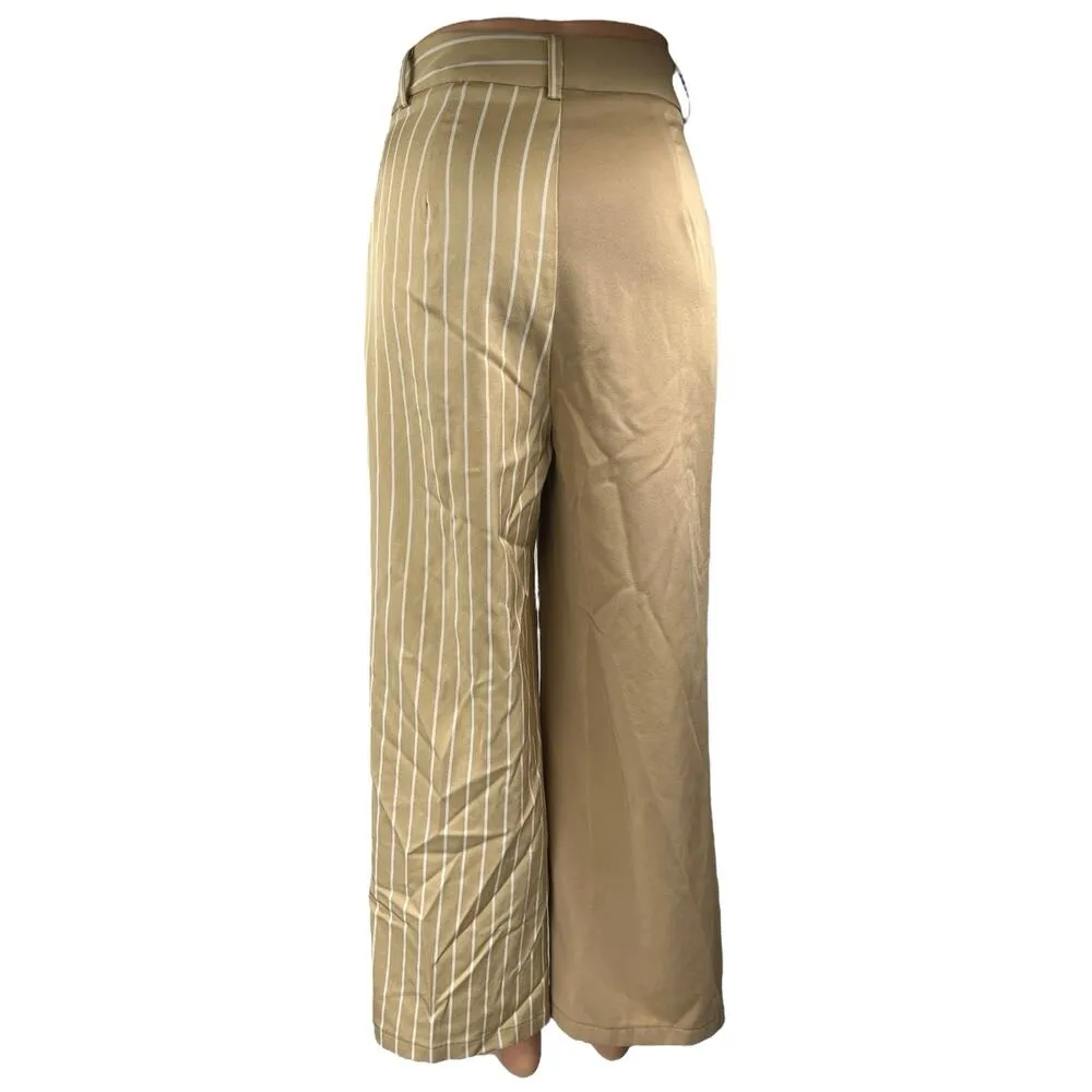 PrettyLittleThing Tan Khaki Beige Striped Patchwork Trouser Dress Pants Size 2 - Image 3