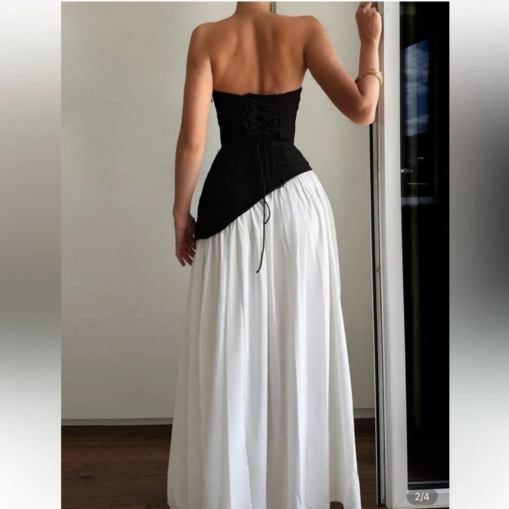 Elegant Black and White Strapless Dress Size M - Image 2
