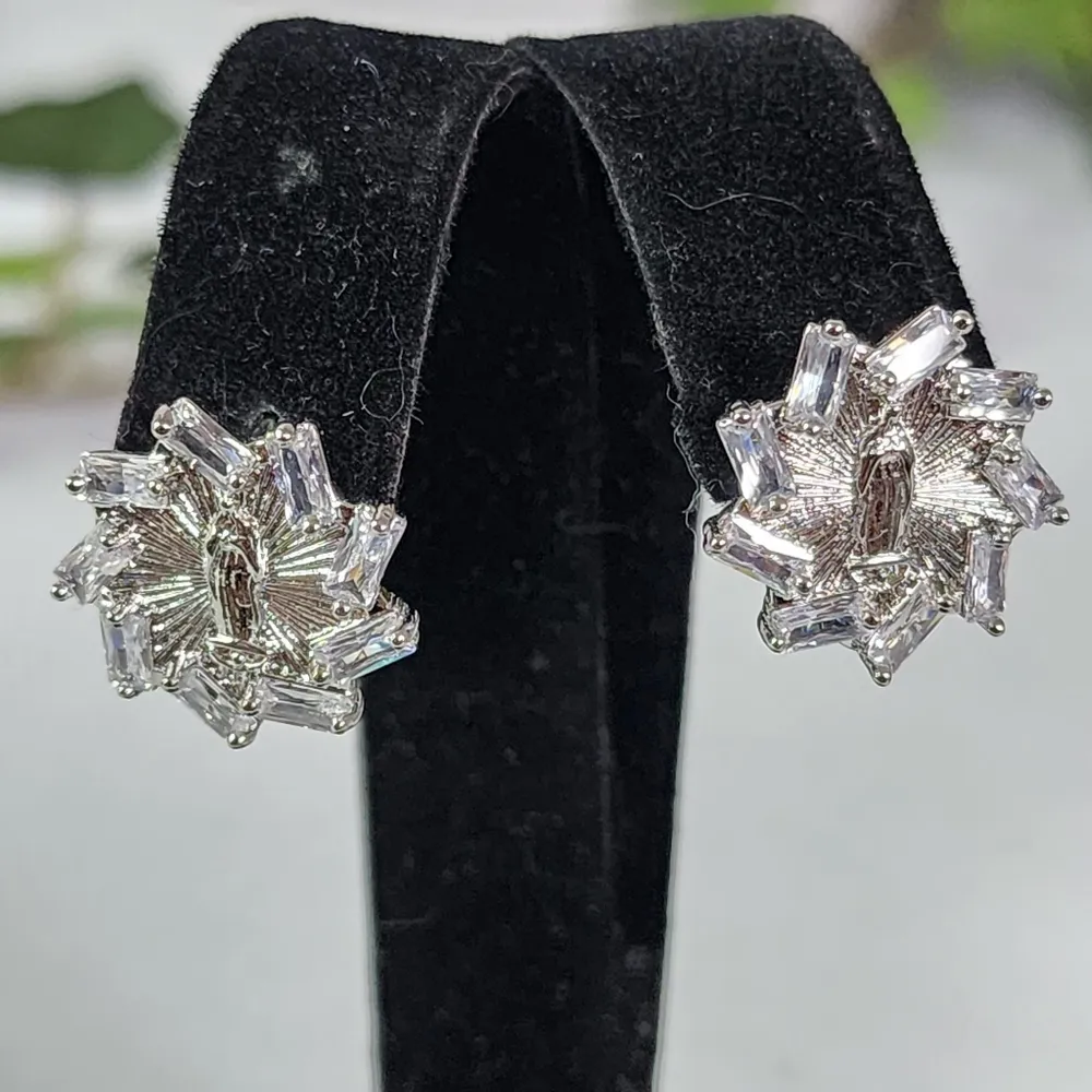 White Gold Virgin Mary with Baguette CZ Small Hoop Earrings Silver - Image 8