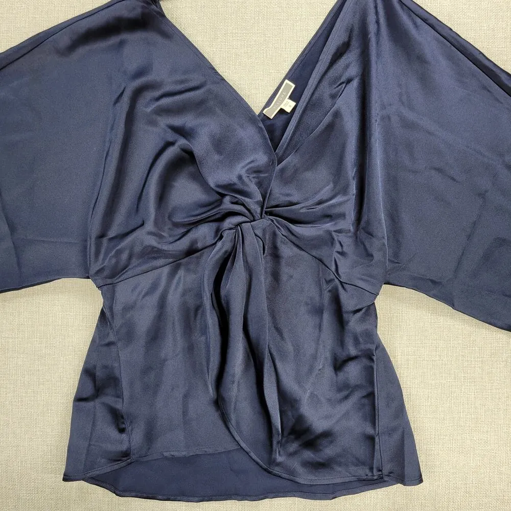 Pleione Womens Blouse S Navy Blue Satin Front Twist V-Neck Kimono 3/4 Sleeve - Image 12