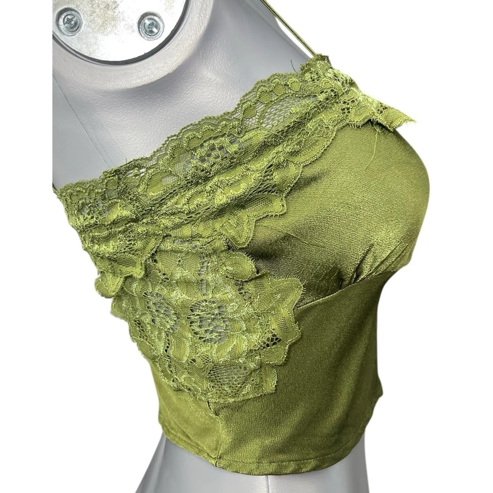 Coquette Silky Cami Crop Top Womens Olive Laced Fairy Y2K Whimsigoth Small Green - Image 2
