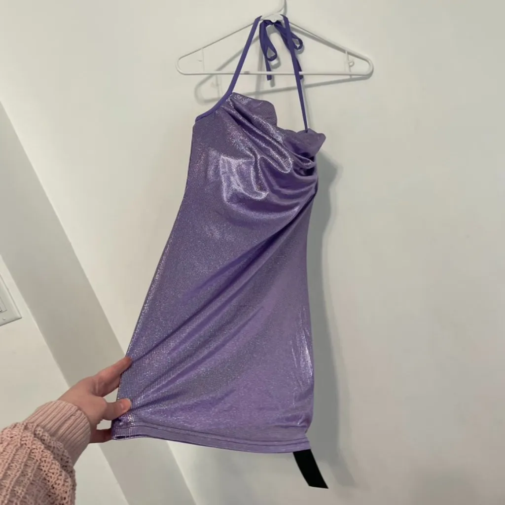 NEW NWT SHEIN SXY Backless Ruched Halter Bodycon Dress Purple Silver Iridescent - Image 13