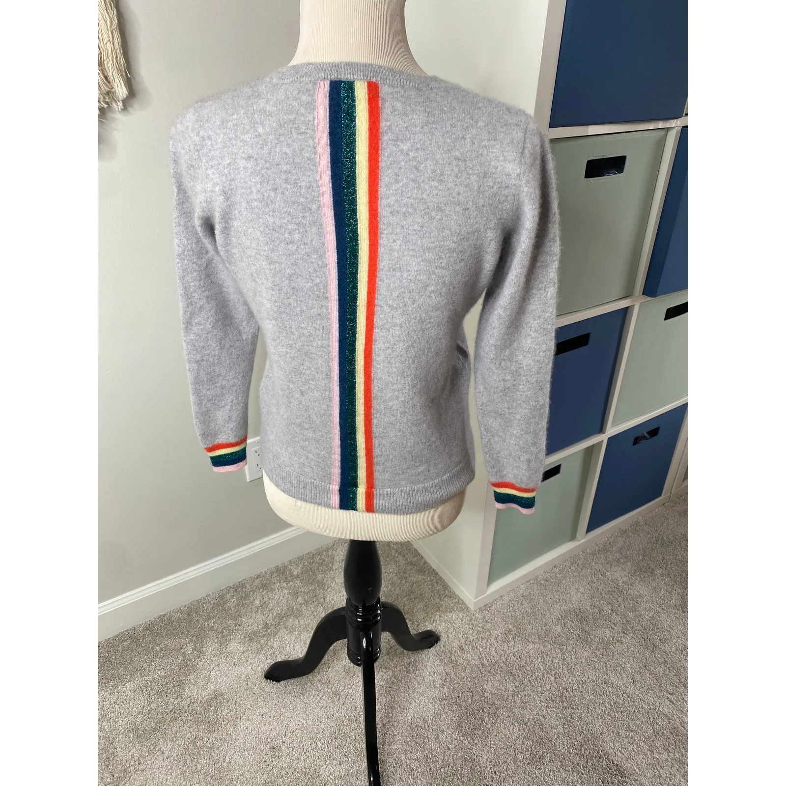 Anthropologie Needle Gray Cashmere Rainbow Varsity Striped Sweater Small Preppy - Image 4