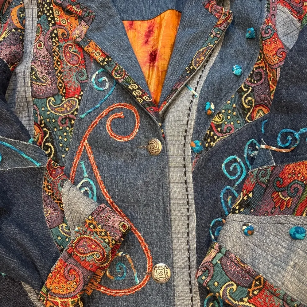 Vtg Parsley & Sage Patchwork Embroidered Brocade Tapestry Long Denim Jacket, XL Blue - Image 12
