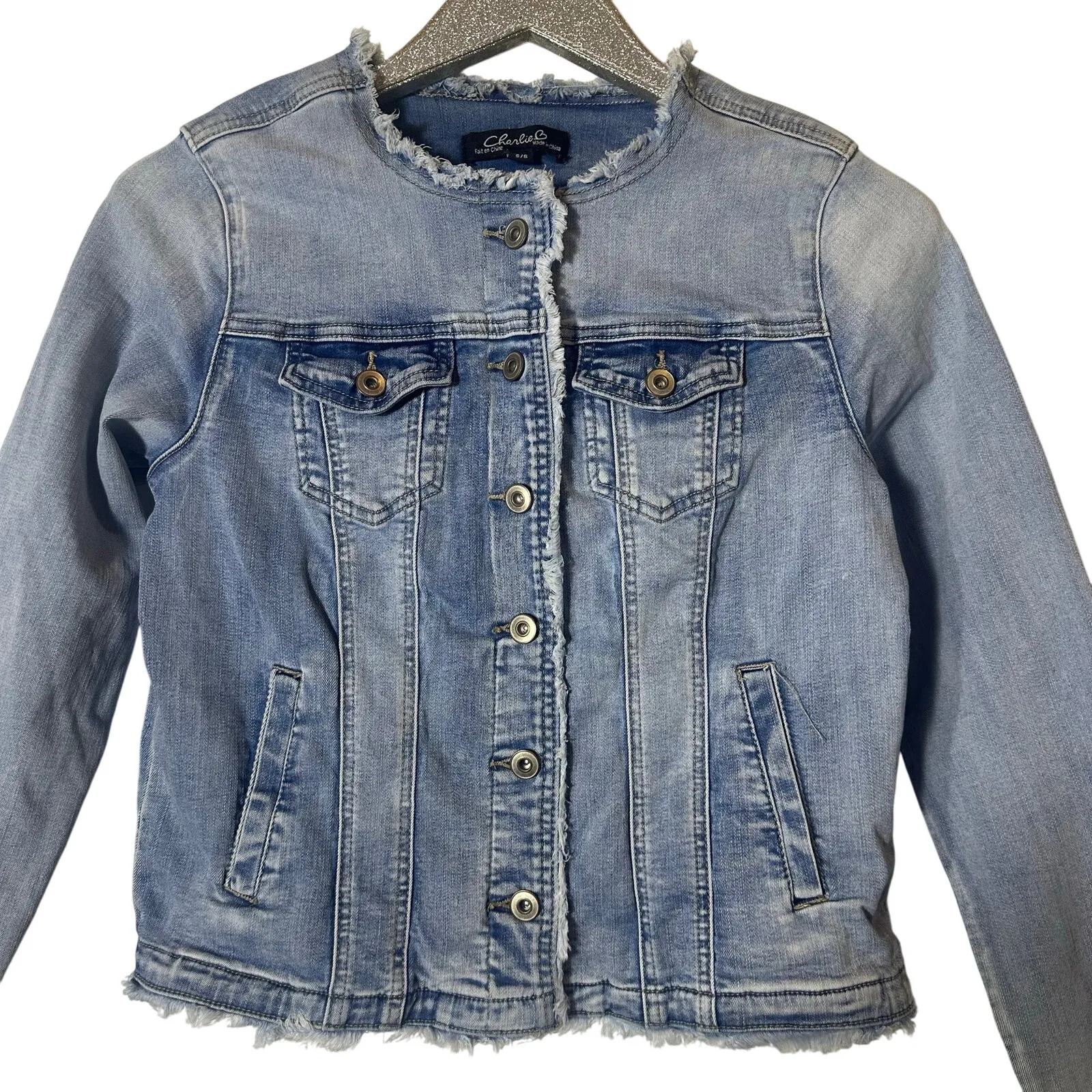 Charlie B Frayed Hem Denim Jacket Blue - Image 2