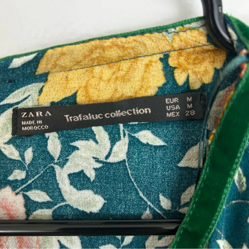 Zara Green/Yellow Floral Long Sleeve Romper w/ Green Velvet Ribbon Mini Size M - Image 10