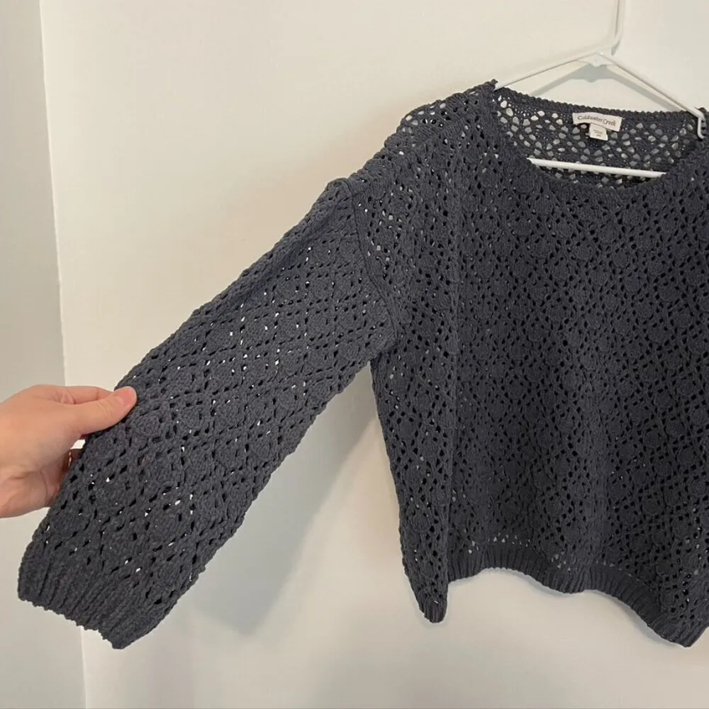 COLDWATER CREEK Gray Open Weave Knit Chenille Crew Neck Sweater PETITE Small PS - Image 7