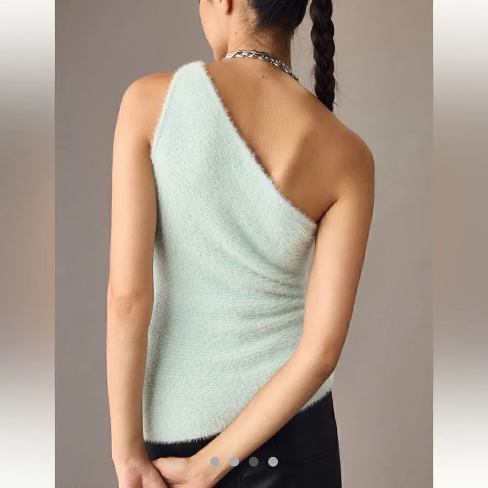 By Anthropologie One-Shoulder Eyelash Sweater Tank Sky Mint Green L NWT - Image 3