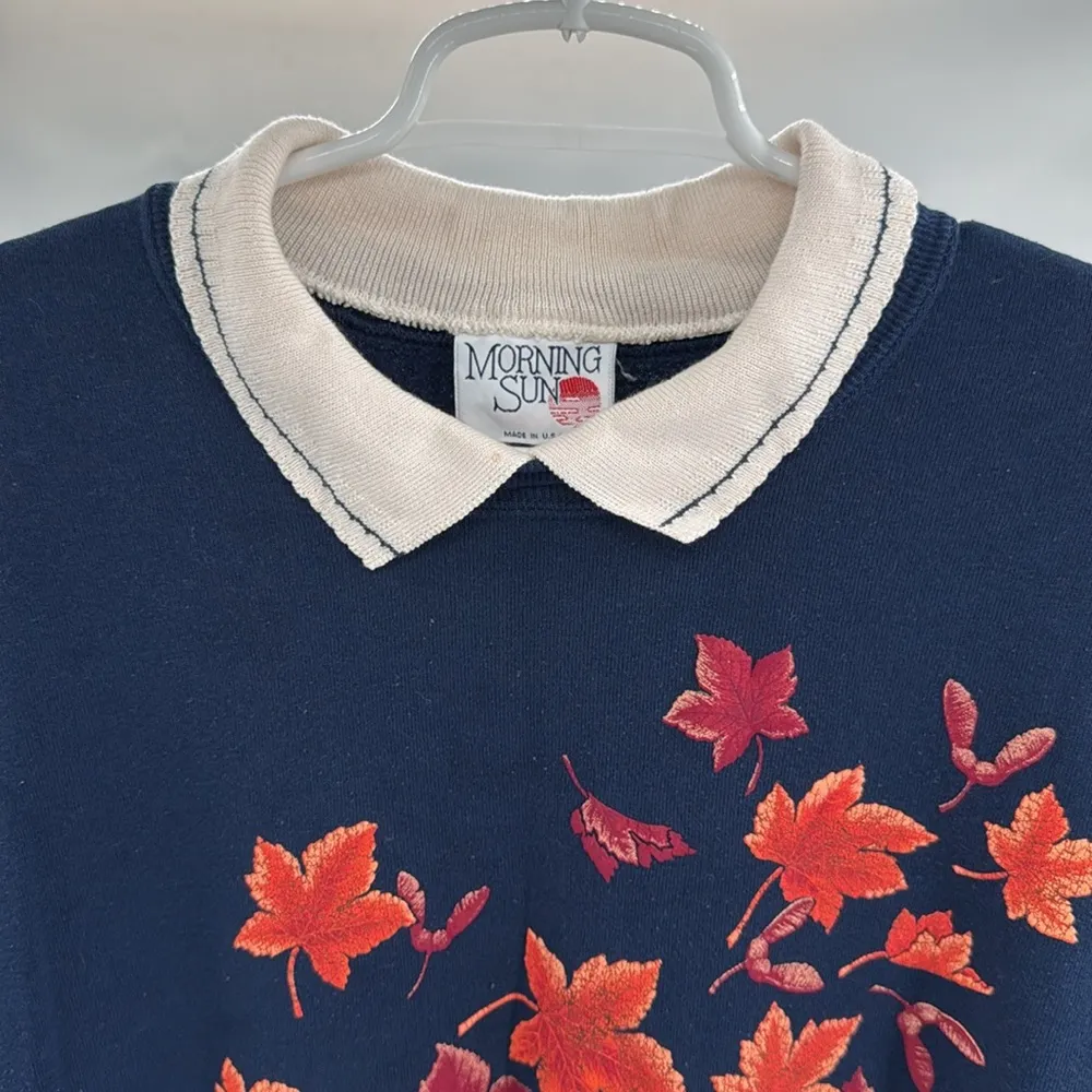 Morning Sun vintage Blue Orange collared Neck Sweater sweatshirt Leaf Design XL Size undefined - Image 4