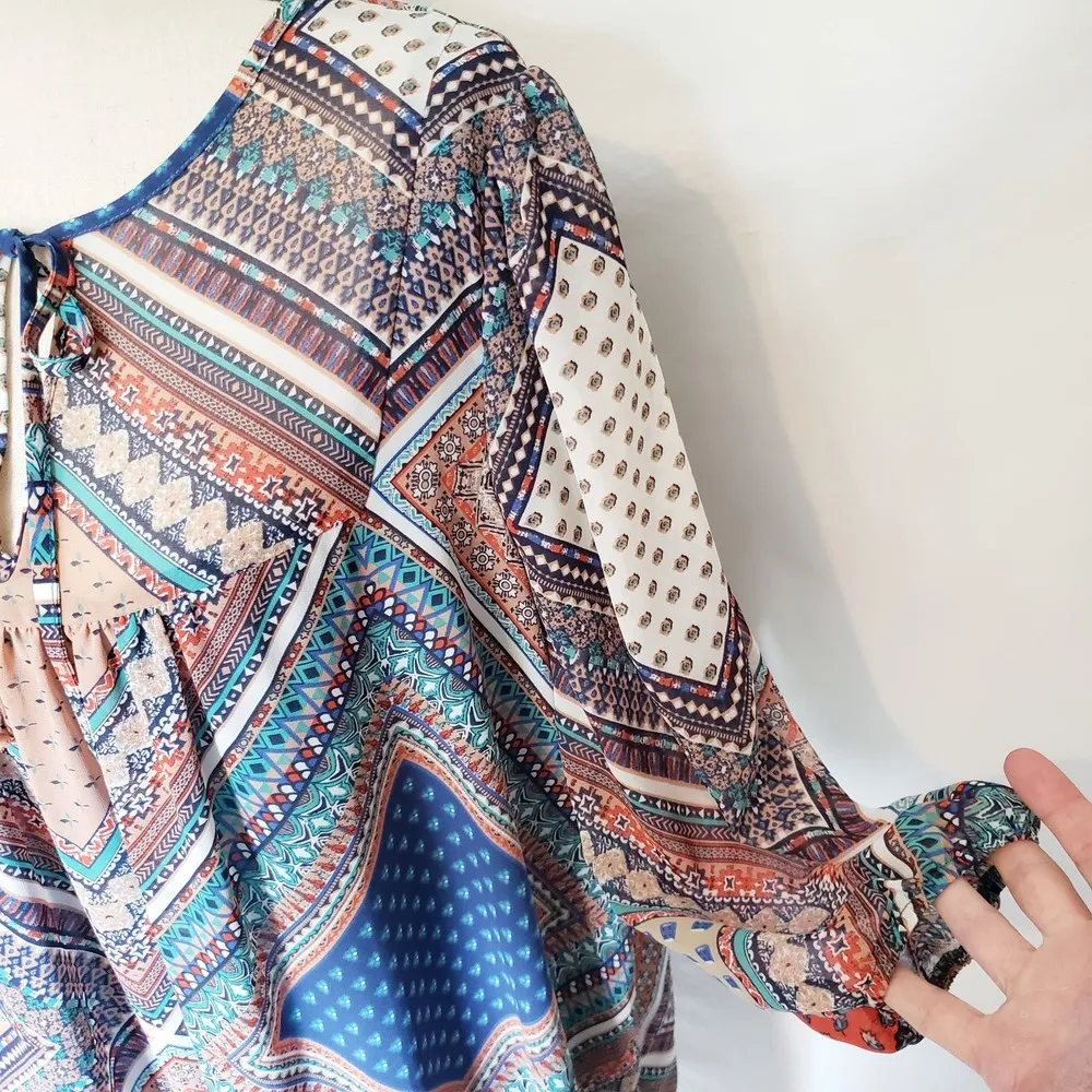 Gibson Latimer Womens Dress Size Medium Tunic Patchwork Boho semi-sheer orange - Image 5