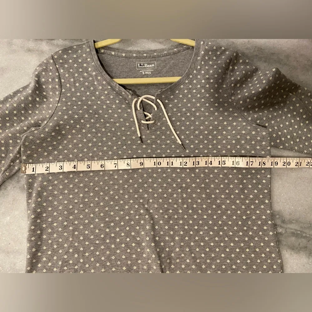 L.L. Bean Size S Gray Cream Print Cotton Lace Up Henley Tee Shirt 3/4 Sleeve - Image 10